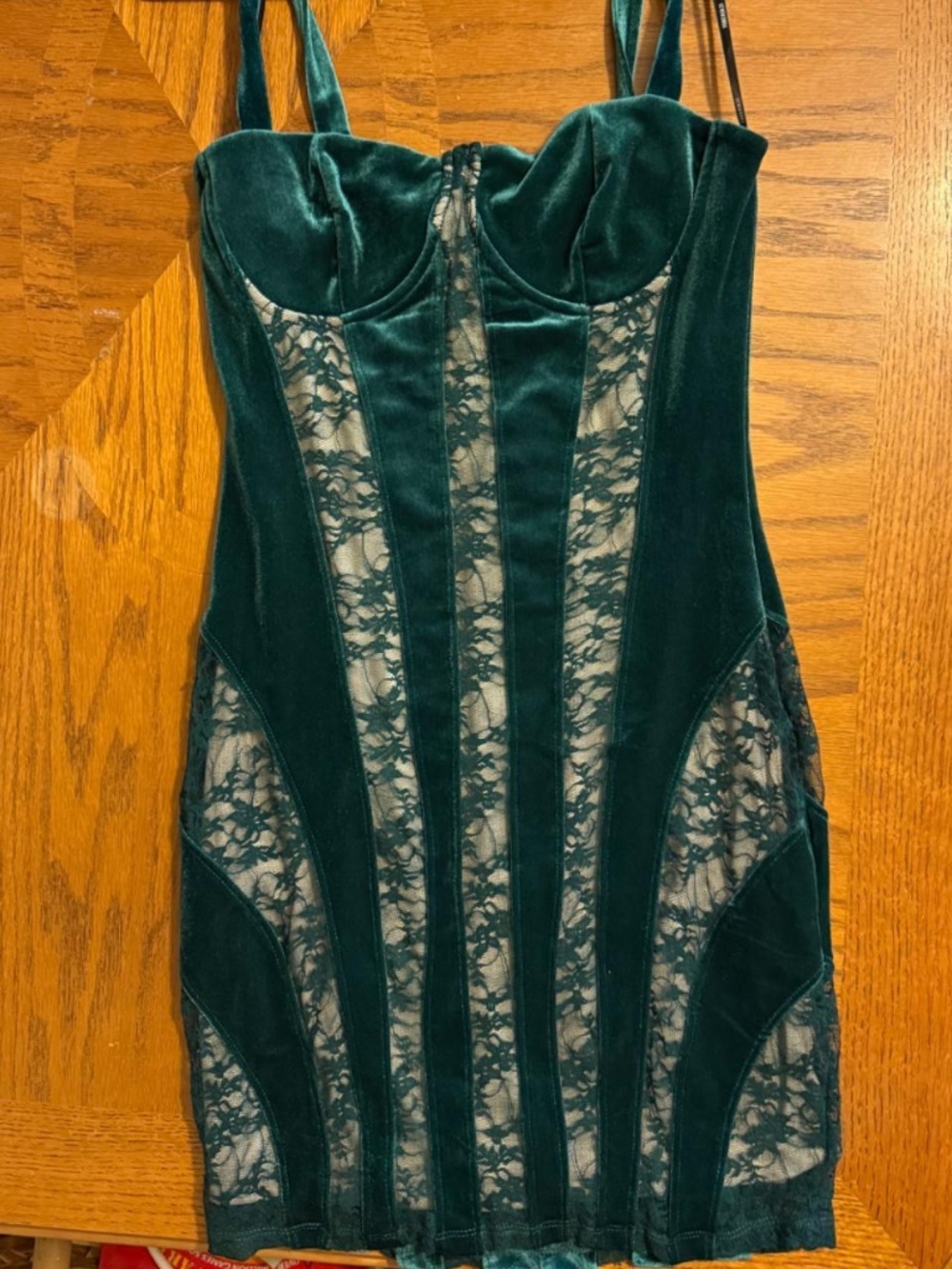 Forever 21 green velvet and mesh bodycon mini dress, size medium